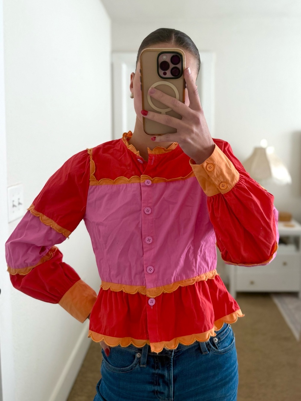 TCEC Pink and Red Colorblock Peplum Jacket with Orange Trim
